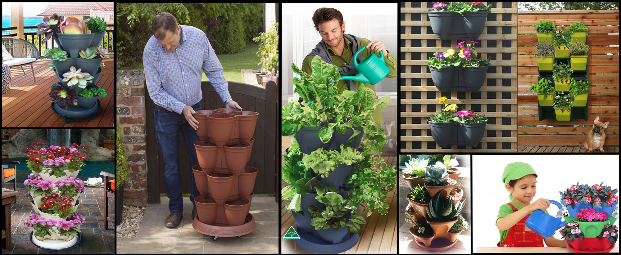 Stackapots provide a range of Stackable Pots and Planters for Vertical Gardening. Vertical Gardens of Stackable pots, Wall Planters, Post Planters and Hanging Planters made here in Australia. They will accept  self-watering or Hydroponic systems